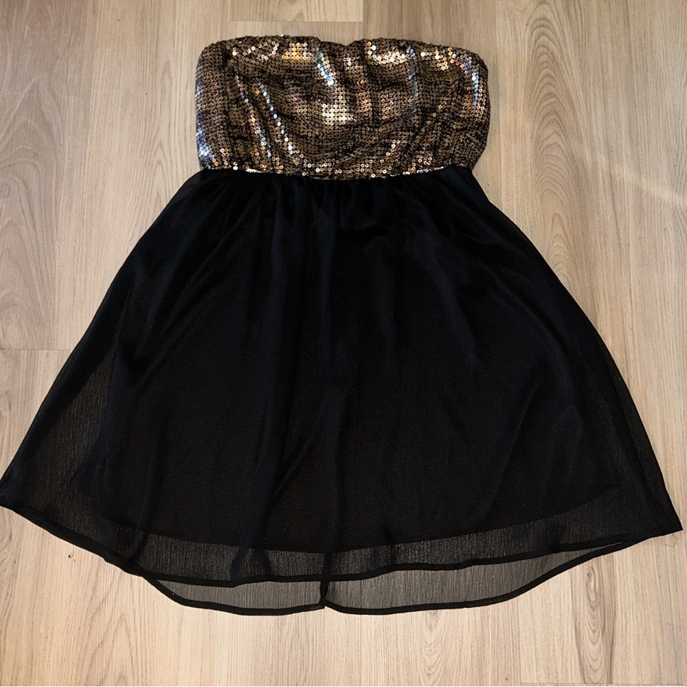 Audrey 3+1 Strapless Dress L Black Gold Sequin Wedding Formal Glam Barbie